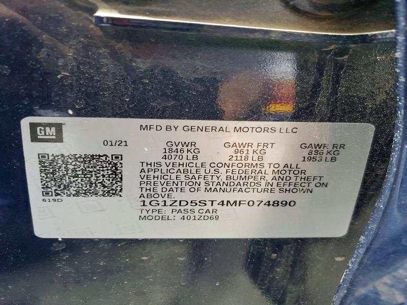66054246 :رقم المزاد ، 1G1ZD5ST4MF074890 vin ، 2021 Chevrolet Malibu مزاد بيع
