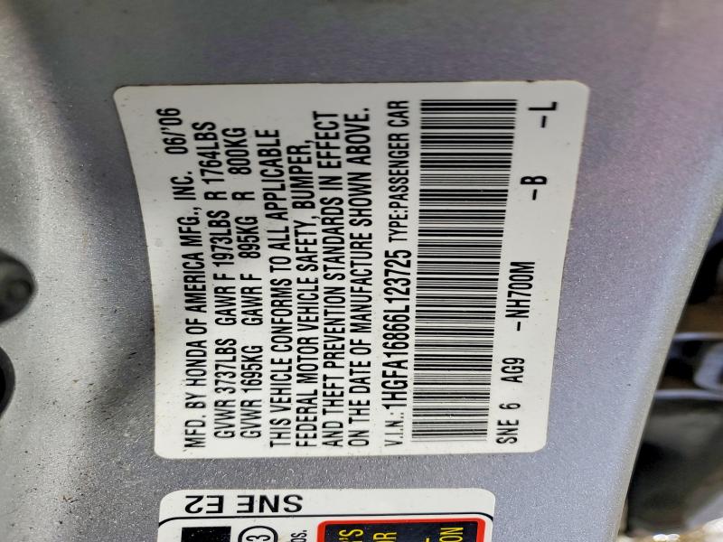 Aukcja sprzedaży 2006 Honda Civic, vin: 1HGFA16866L123725, numer aukcji: 63707196