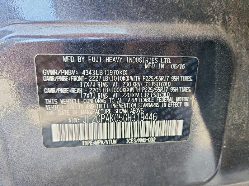 2016 Subaru Crosstrek მანქანა იყიდება აუქციონზე, vin: JF2GPAKC5GH319446, აუქციონის ნომერი: 63897406