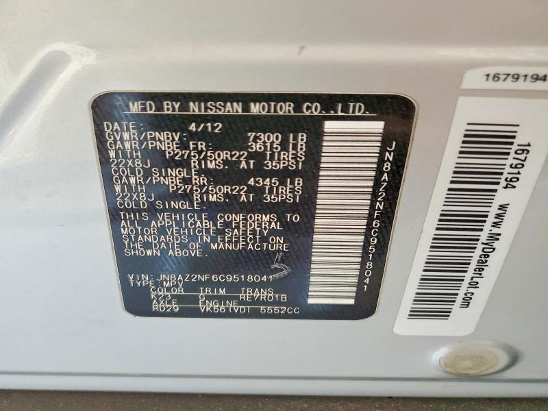 66126346 :رقم المزاد ، JN8AZ2NF6C9518041 vin ، 2012 Infiniti Qx56 مزاد بيع