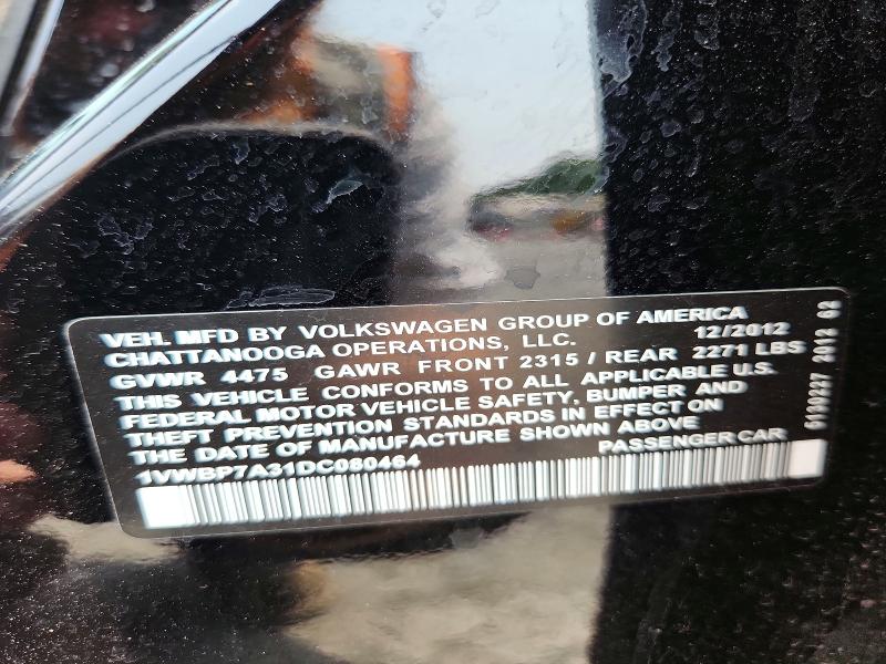 64622946 :رقم المزاد ، 1VWBP7A31DC080464 vin ، 2013 Volkswagen Passat مزاد بيع