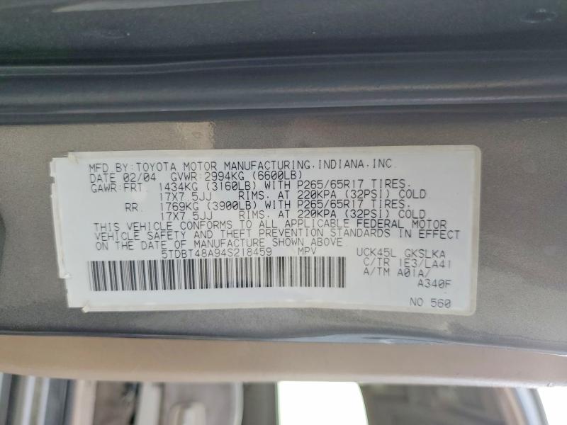 Aukcja sprzedaży 2004 Toyota Sequoia, vin: 5TDBT48A94S218459, numer aukcji: 65242596