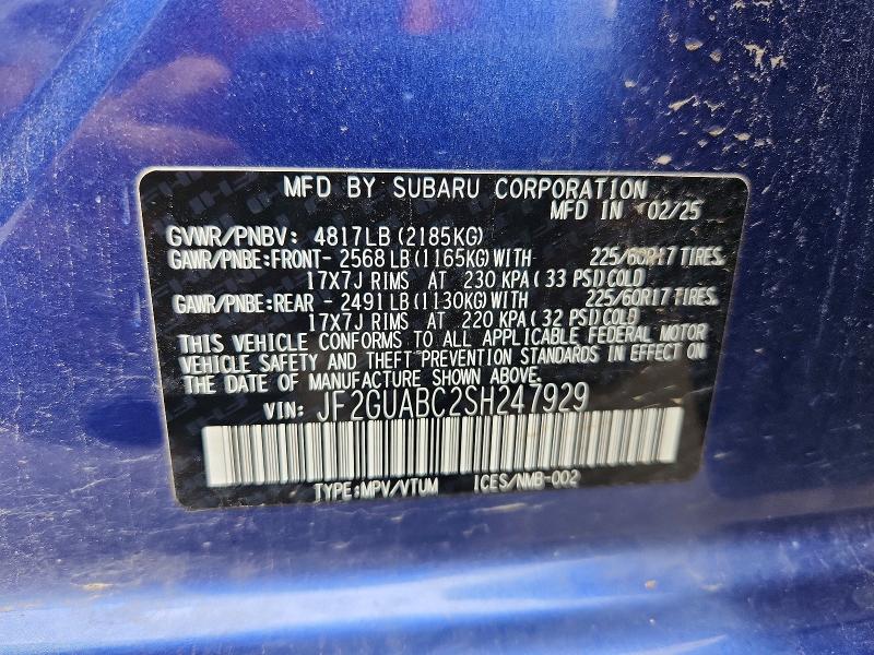65452056 :رقم المزاد ، JF2GUABC2SH247929 vin ، 2025 Subaru Crosstrek مزاد بيع