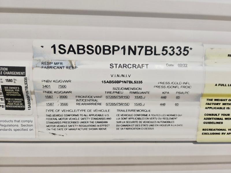 Продажа на аукционе авто 2022 Starcraft Autumn Ridge, vin: 1SABS0BP1N7BL5335, номер лота: 64641116