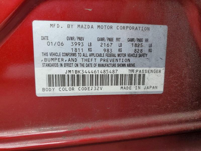 2006 Mazda 3 მანქანა იყიდება აუქციონზე, vin: JM1BK344461485487, აუქციონის ნომერი: 65017886