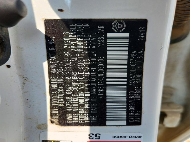 63447966 :رقم المزاد ، 4T1K61AK0NU030706 vin ، 2022 Toyota Camry مزاد بيع