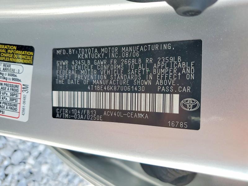 Продажа на аукционе авто 2007 Toyota Camry, vin: 4T1BE46K87U061430, номер лота: 65943366