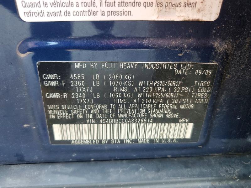 2010 Subaru Outback მანქანა იყიდება აუქციონზე, vin: 4S4BRBCC0A3326814, აუქციონის ნომერი: 64329766