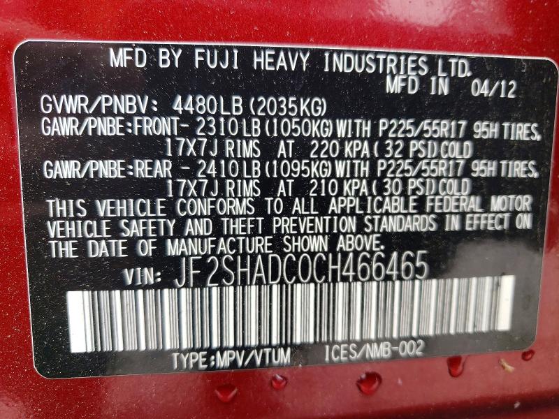 64434866 :رقم المزاد ، JF2SHADC0CH466465 vin ، 2012 Subaru Forester مزاد بيع