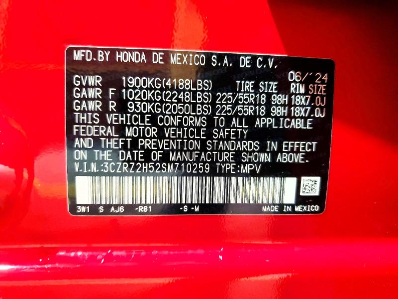 2025 Honda Hr-v მანქანა იყიდება აუქციონზე, vin: 3CZRZ2H52SM710259, აუქციონის ნომერი: 65932106