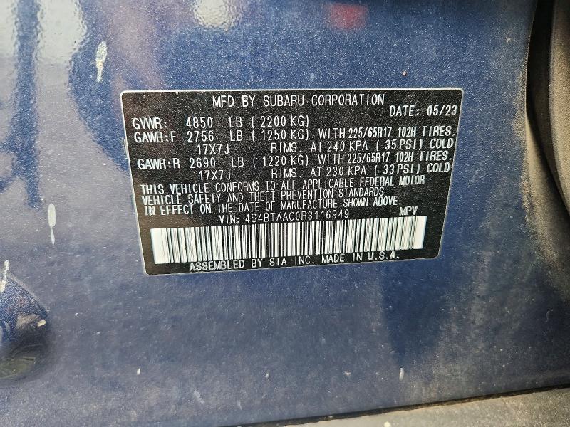 2024 Subaru Outback მანქანა იყიდება აუქციონზე, vin: 4S4BTAAC0R3116949, აუქციონის ნომერი: 65492406