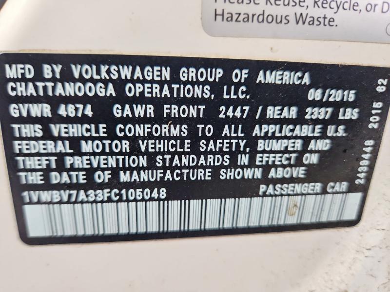 Продаж на аукціоні авто 2015 Volkswagen Passat, vin: 1VWBV7A33FC105048, номер лоту: 63493276