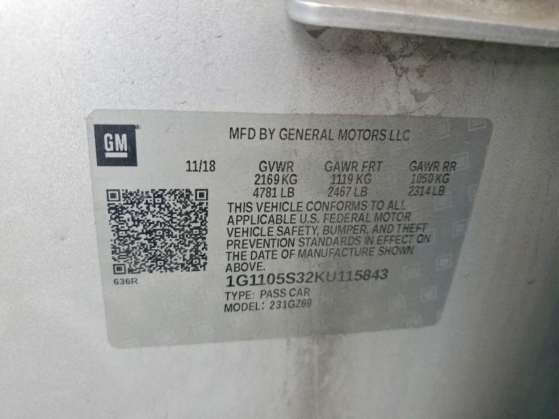 63947136 :رقم المزاد ، 1G1105S32KU115843 vin ، 2019 Chevrolet Impala مزاد بيع