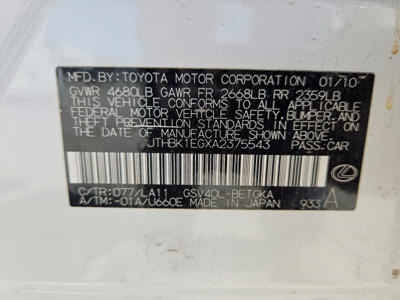 64683976 :رقم المزاد ، JTHBK1EGXA2375543 vin ، 2010 Lexus Es مزاد بيع