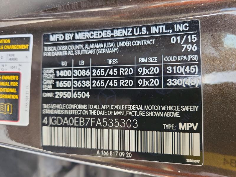 Продаж на аукціоні авто 2015 Mercedes-benz Ml, vin: 4JGDA0EB7FA535303, номер лоту: 64056636