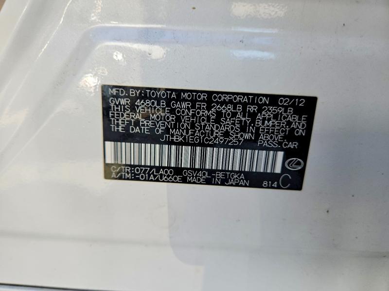 Продаж на аукціоні авто 2012 Lexus Es, vin: JTHBK1EG1C2497257, номер лоту: 66057216