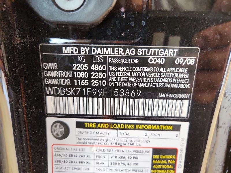 2009 Mercedes-benz Sl მანქანა იყიდება აუქციონზე, vin: WDBSK71F99F153869, აუქციონის ნომერი: 64543136