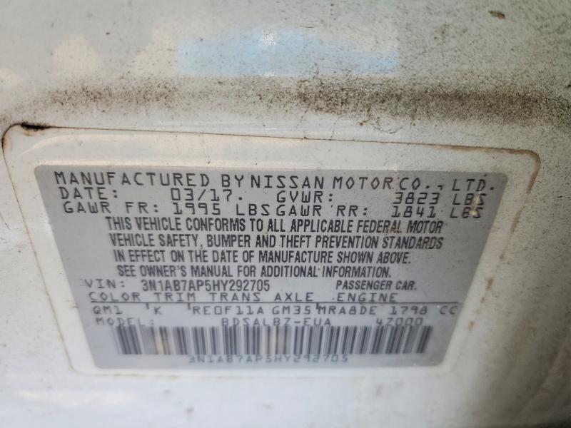 2017 Nissan Sentra მანქანა იყიდება აუქციონზე, vin: 3N1AB7AP5HY292705, აუქციონის ნომერი: 65685406