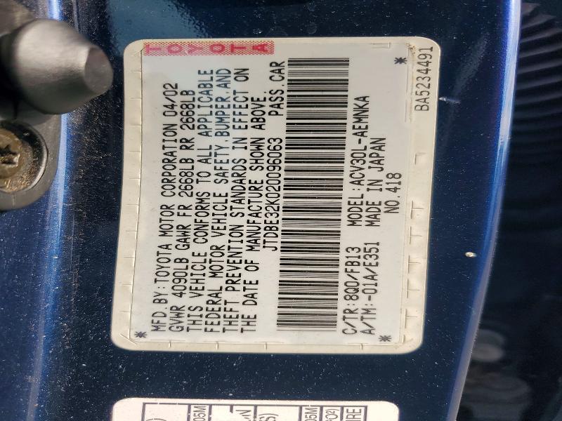 Aukcja sprzedaży 2002 Toyota Camry, vin: JTDBE32K020096063, numer aukcji: 66056366