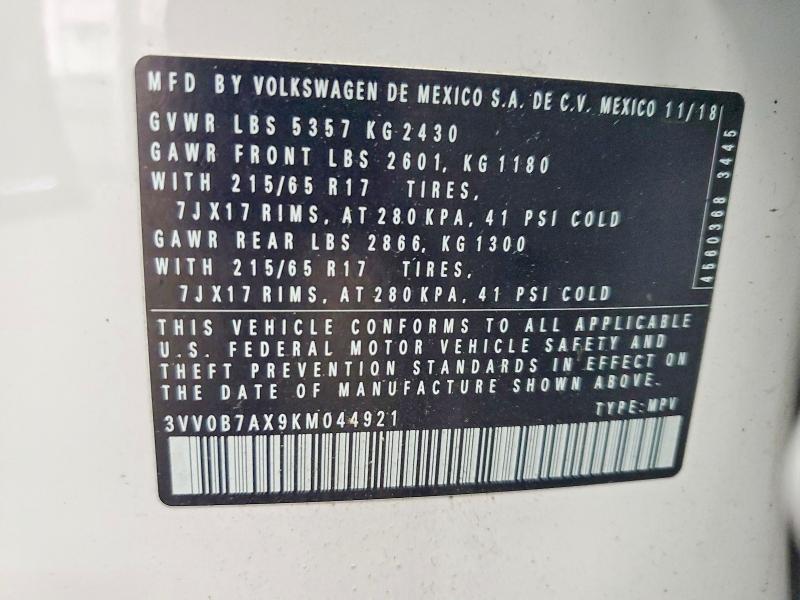 2019 Volkswagen Tiguan მანქანა იყიდება აუქციონზე, vin: 3VV0B7AX9KM044921, აუქციონის ნომერი: 64841826