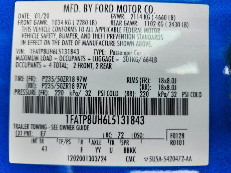 2020 Ford Mustang მანქანა იყიდება აუქციონზე, vin: 1FATP8UH6L5131843, აუქციონის ნომერი: 64476936