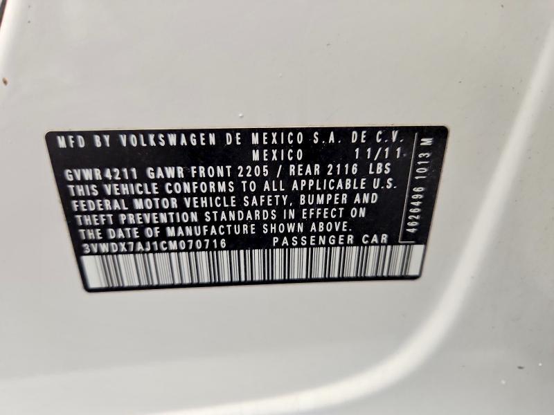 2012 Volkswagen Jetta მანქანა იყიდება აუქციონზე, vin: 3VWDX7AJ1CM070716, აუქციონის ნომერი: 66201436