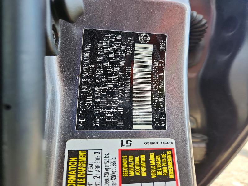 2018 Toyota Camry მანქანა იყიდება აუქციონზე, vin: 4T1B11HK0JU571141, აუქციონის ნომერი: 63378146