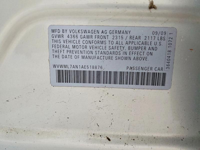2010 Volkswagen Cc მანქანა იყიდება აუქციონზე, vin: WVWML7AN1AE518876, აუქციონის ნომერი: 67097666