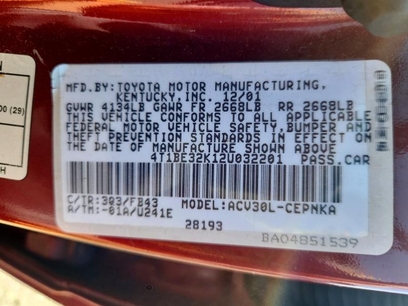 2002 Toyota Camry მანქანა იყიდება აუქციონზე, vin: 4T1BE32K12U032201, აუქციონის ნომერი: 63683626