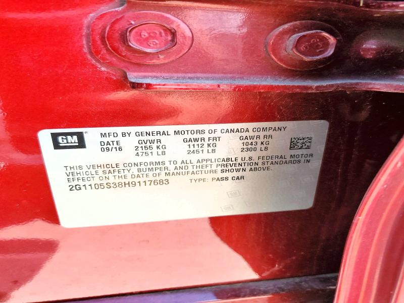 2017 Chevrolet Impala მანქანა იყიდება აუქციონზე, vin: 2G1105S38H9117683, აუქციონის ნომერი: 66121786