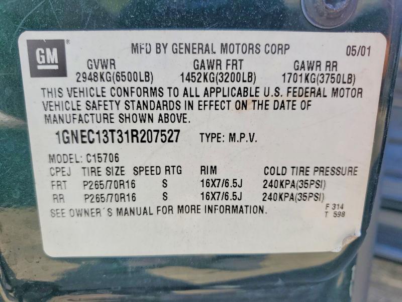 2001 Chevrolet Tahoe მანქანა იყიდება აუქციონზე, vin: 1GNEC13T31R207527, აუქციონის ნომერი: 64785596
