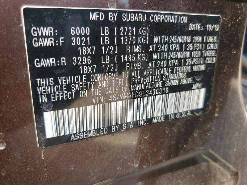 2020 Subaru Ascent მანქანა იყიდება აუქციონზე, vin: 4S4WMAFD9L3430316, აუქციონის ნომერი: 65181056