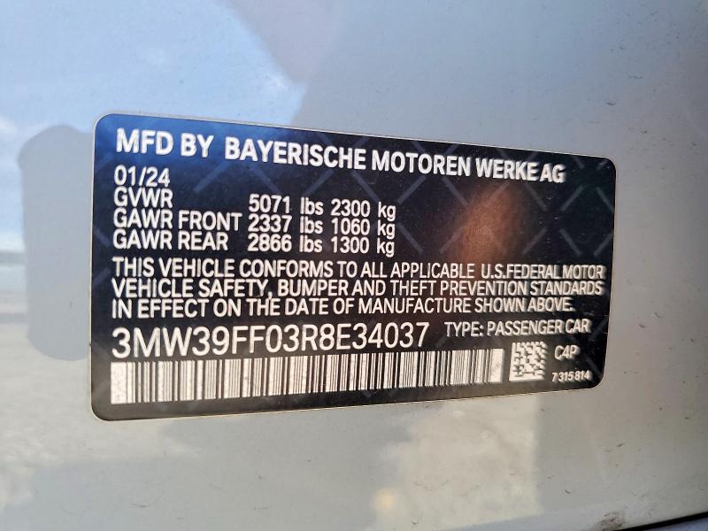 65115916 :رقم المزاد ، 3MW39FF03R8E34037 vin ، 2024 Bmw 330e مزاد بيع