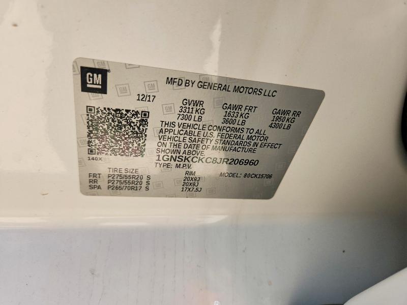 2018 Chevrolet Tahoe მანქანა იყიდება აუქციონზე, vin: 1GNSKCKC8JR206960, აუქციონის ნომერი: 63309026