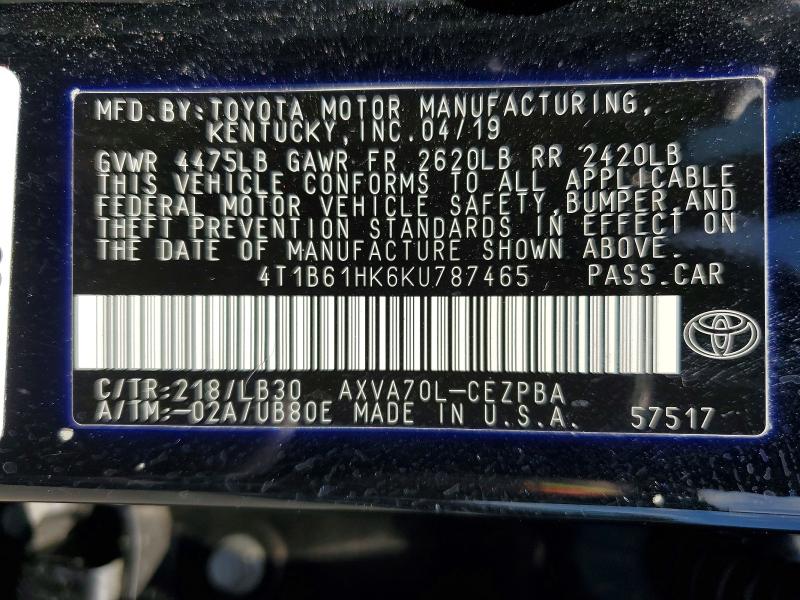 Продаж на аукціоні авто 2019 Toyota Camry, vin: 4T1B61HK6KU787465, номер лоту: 63862146