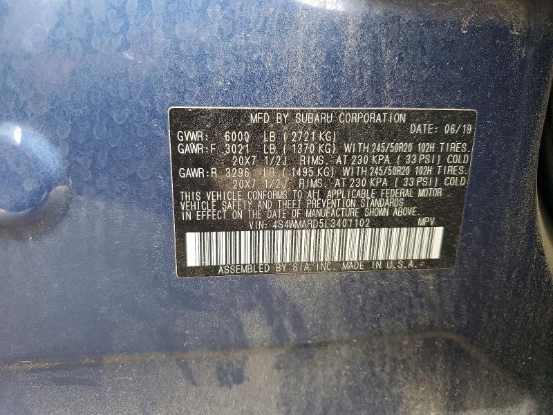 65033836 :رقم المزاد ، 4S4WMARD5L3401102 vin ، 2020 Subaru Ascent مزاد بيع