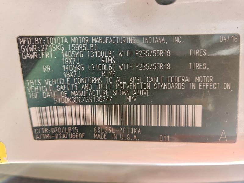 Aukcja sprzedaży 2016 Toyota Sienna, vin: 5TDDK3DC7GS136747, numer aukcji: 64329226