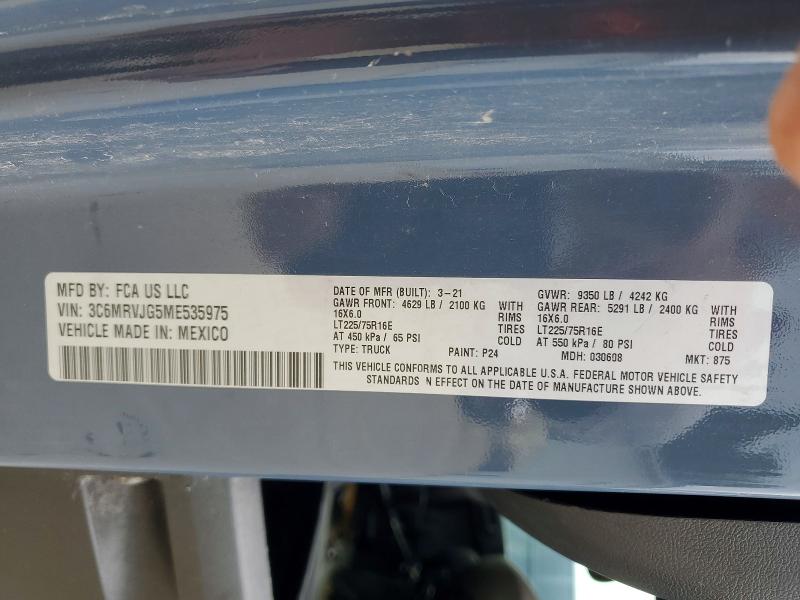 Продаж на аукціоні авто 2021 Ram Promaster 3500, vin: 3C6MRVJG5ME535975, номер лоту: 62543756