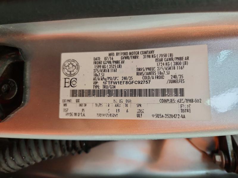 2016 Ford F150 მანქანა იყიდება აუქციონზე, vin: 1FTFW1EF8GFC92757, აუქციონის ნომერი: 66198536