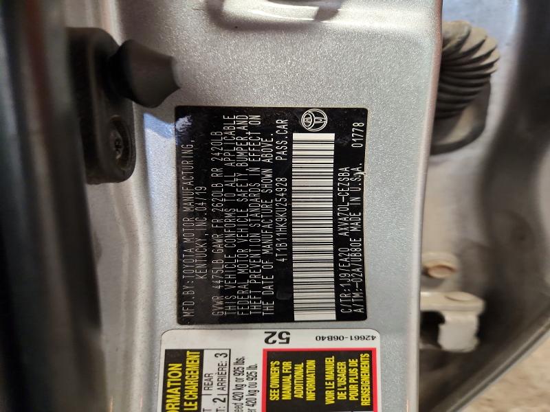 2019 Toyota Camry მანქანა იყიდება აუქციონზე, vin: 4T1B11HK9KU254928, აუქციონის ნომერი: 63490746