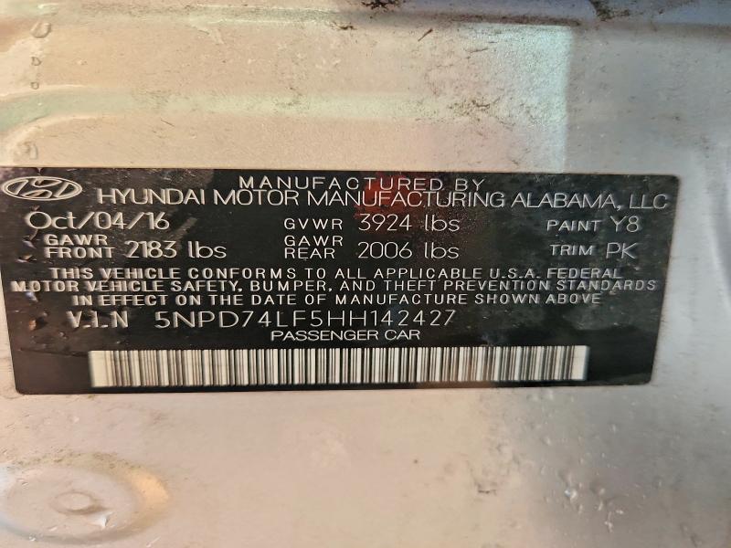 2017 Hyundai Elantra მანქანა იყიდება აუქციონზე, vin: 5NPD74LF5HH142427, აუქციონის ნომერი: 65124006