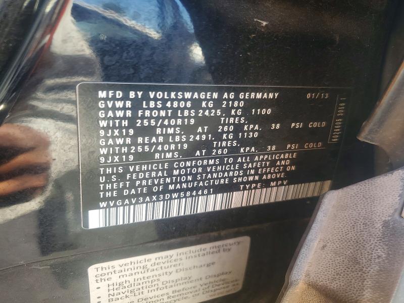 2013 Volkswagen Tiguan მანქანა იყიდება აუქციონზე, vin: WVGAV3AX3DW584461, აუქციონის ნომერი: 67409366
