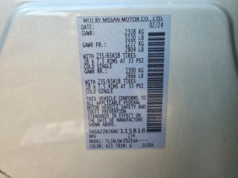 2024 Nissan Murano მანქანა იყიდება აუქციონზე, vin: 5N1AZ2BJ6RC115818, აუქციონის ნომერი: 63860086