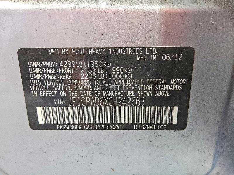 Продажа на аукционе авто 2012 Subaru Impreza, vin: JF1GPAB6XCH242663, номер лота: 67195946