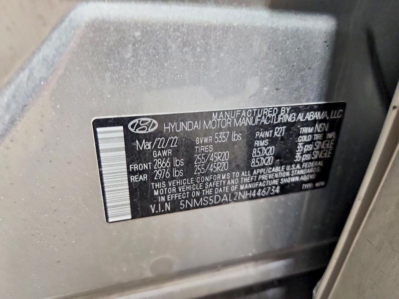 2022 Hyundai Santa Fe მანქანა იყიდება აუქციონზე, vin: 5NMS5DAL2NH446734, აუქციონის ნომერი: 67182206