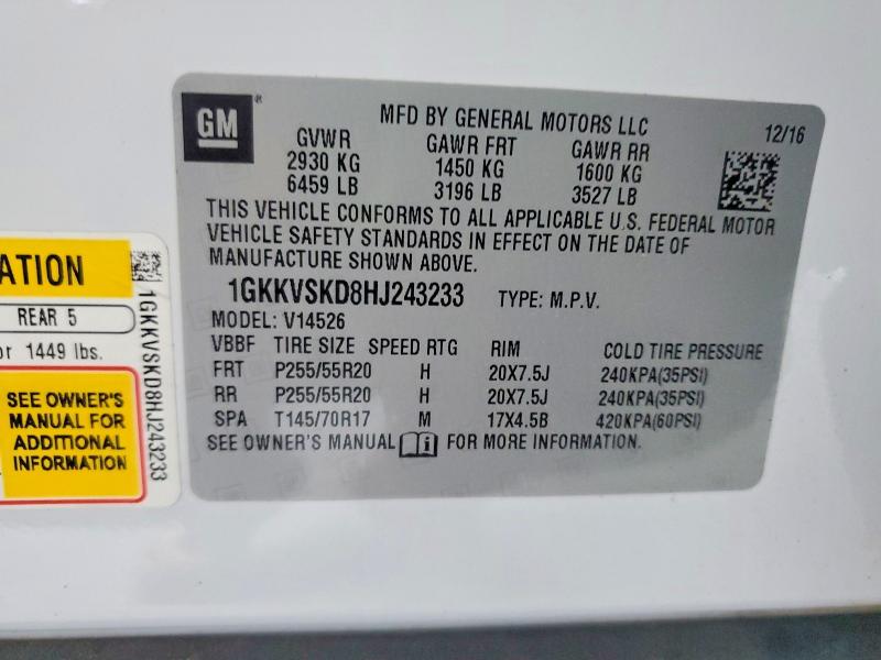 64210696 :رقم المزاد ، 1GKKVSKD8HJ243233 vin ، 2017 Gmc Acadia Limited مزاد بيع