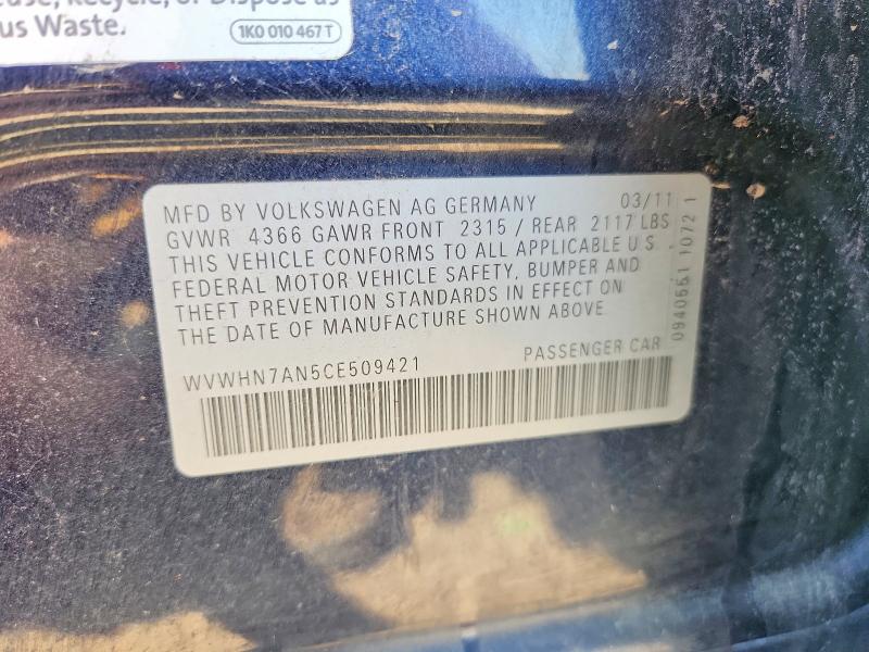 Aukcja sprzedaży 2012 Volkswagen Cc, vin: WVWHN7AN5CE509421, numer aukcji: 64051176
