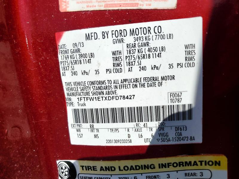 66789936 :رقم المزاد ، 1FTFW1ETXDFD78427 vin ، 2013 Ford F150 مزاد بيع
