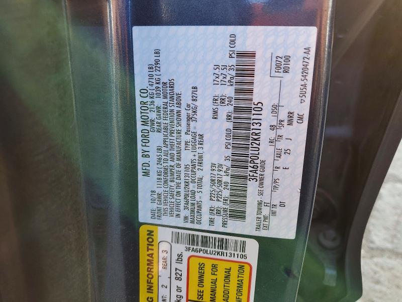 64826506 :رقم المزاد ، 3FA6P0LU2KR131105 vin ، 2019 Ford Fusion مزاد بيع