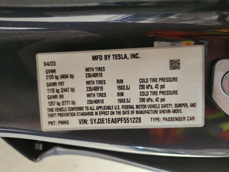2023 Tesla Model 3 მანქანა იყიდება აუქციონზე, vin: 5YJ3E1EA8PF551228, აუქციონის ნომერი: 66390476